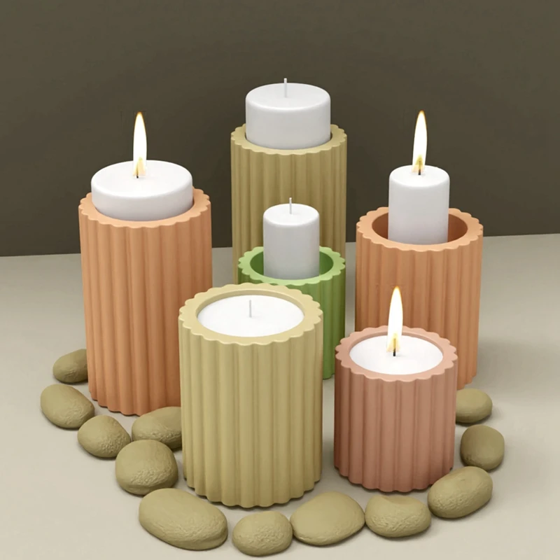 3PCS Cylindrical Stripe Candlestick Mold DIY Simplicity Canlde Holder Casting Mould Concrete Resin Mold