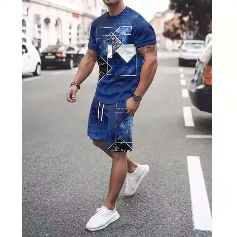 2025 New Fashion Men's Suit Harajuku Vintage Printed Short-Sleeved T-Shirt Shorts 2 Piece Clothes Casual Men Set Streetwear