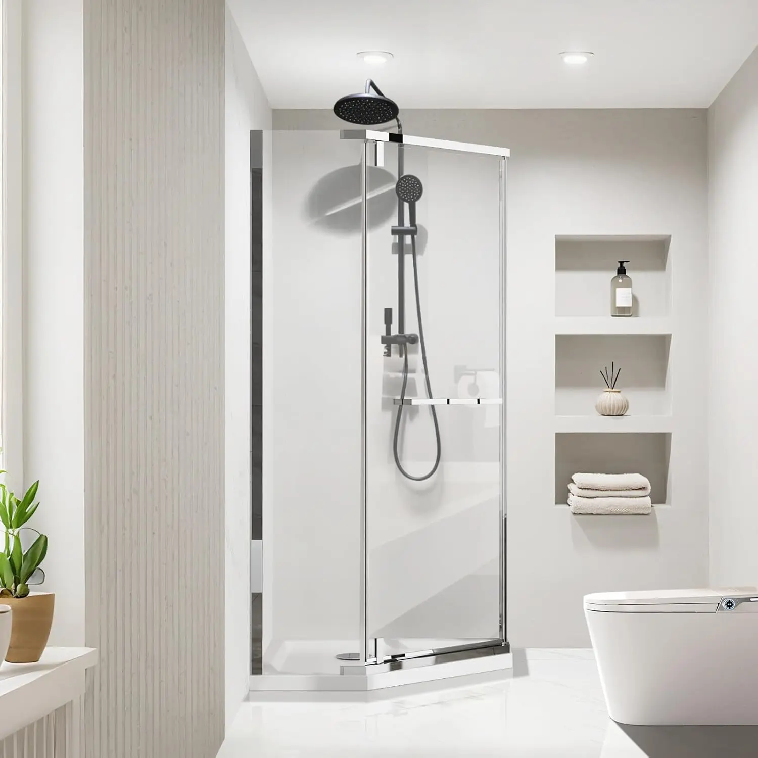 

Neo-Angle Corner Shower Enclosure - 36 * 36 * 72Inch Frameless Pivot Shower Door with SGCC Tempered Glass, Chrome Finish - Space
