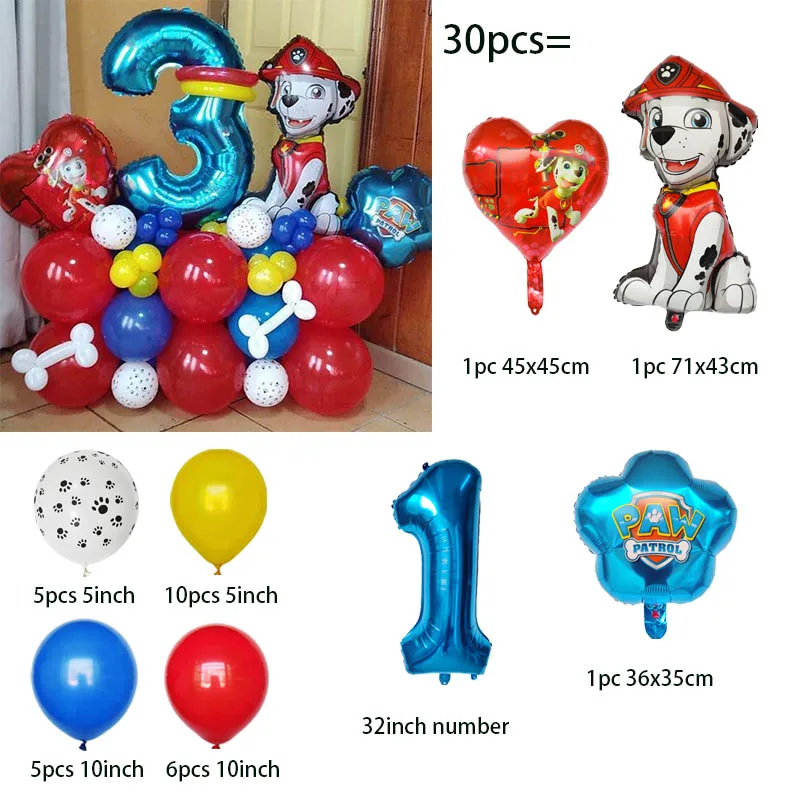 30pcs Paw Patrols Digit Balloons Skye Chase Marshall Rubble Anime Dog Decoration Birthday Party Accessory Gift