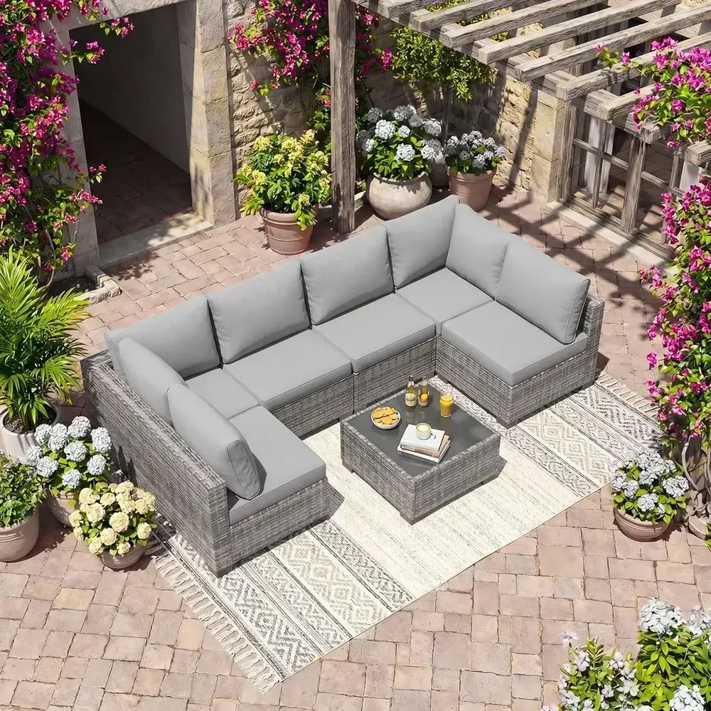 7-Piece Outdoor Patio urniture Set, All-Weather Wicker Rattan Sectional Soa with Thick Cushions & Glass Table, ular Patio Contio