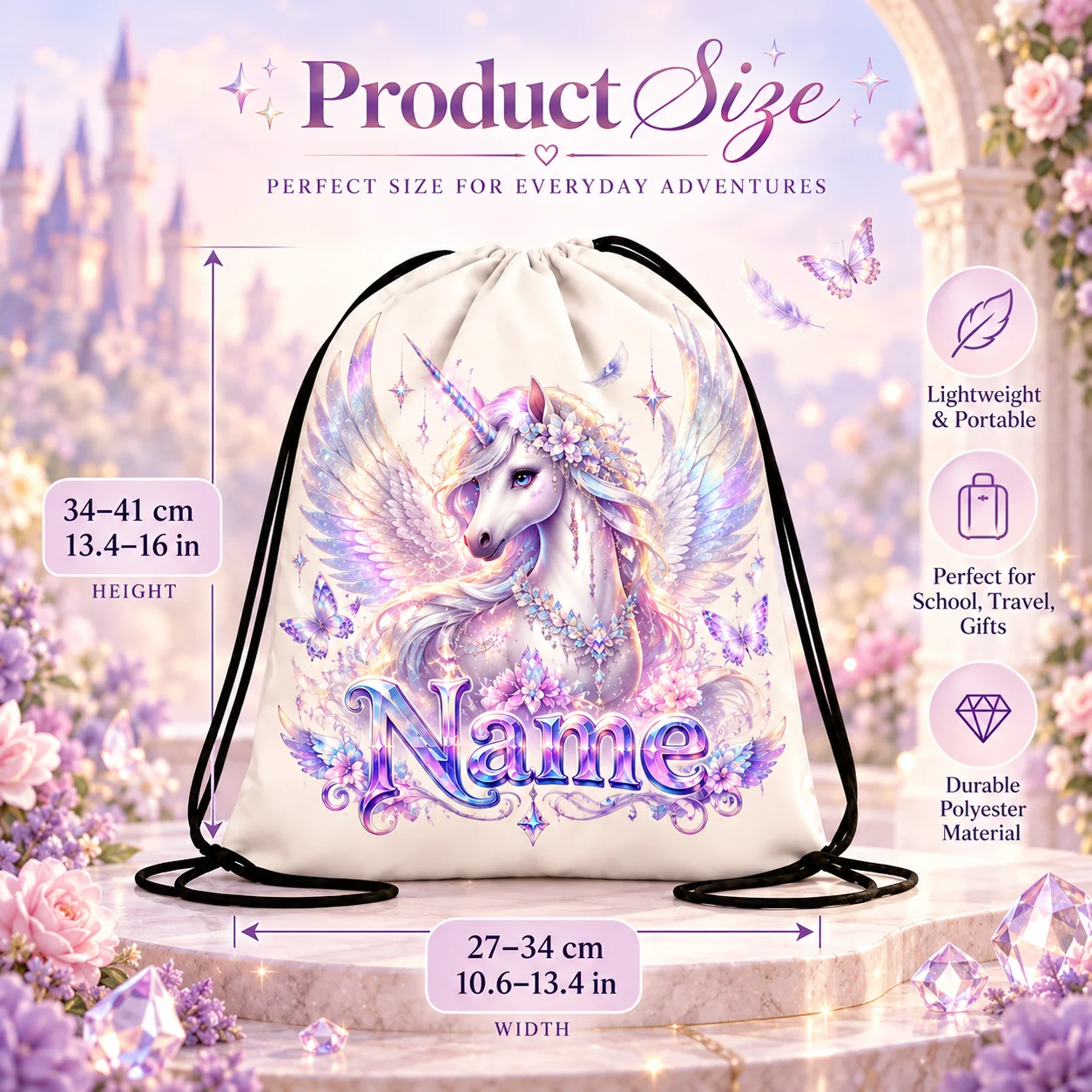 Custom Drawstring Bag, Personalized Unicorn Name Backpack, Lightweight Polyester Gym & Travel School Sack, Fantasy Gift Bags