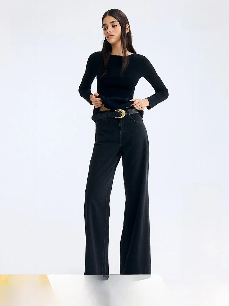 

High Waist Washed Jeans Women's Fashionable Casual Cotton Trousers H&M 1308275 Summer High Waist Long Pants