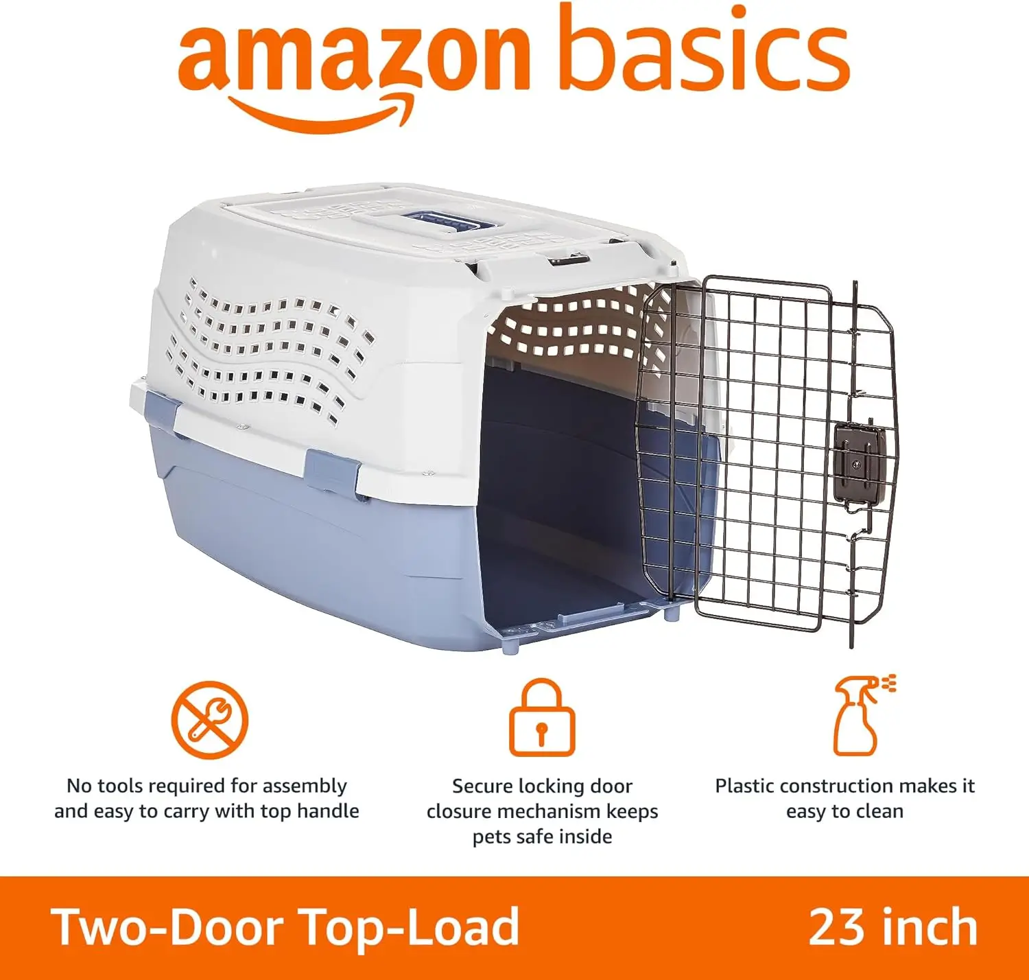 2-Door Top-Load Hard-Sided Dogs, Cats Pet Travel Carrier, Gray & Blue, 22.8