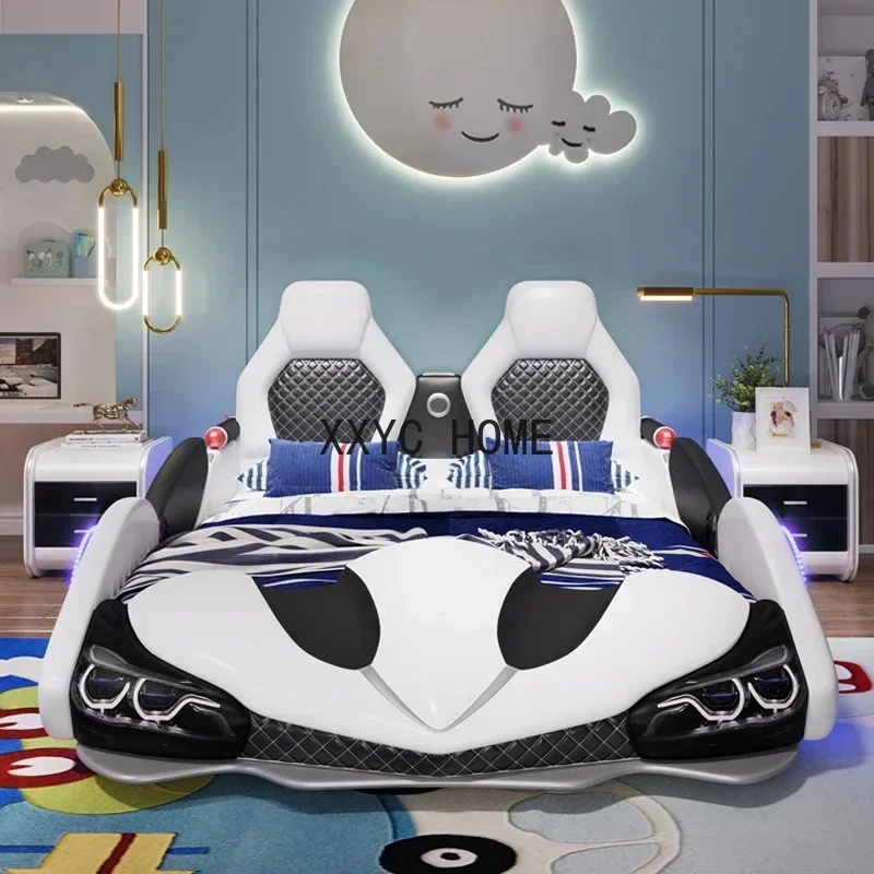 Factory Wholesale Double Creative Kids Car Bed Boy Cartoon Leather Single Bed with Guardrail Girl Children Racing