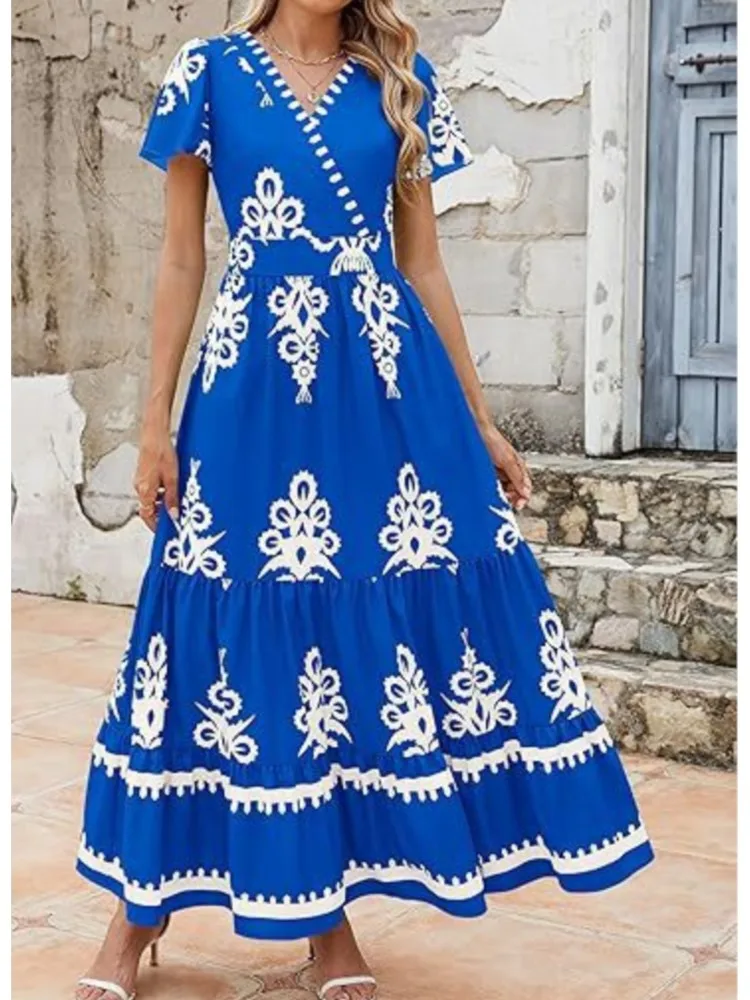 Casual Boho Print Dress For Women Fashion Short Sleeve V Neck High Waist Loose Dresses Robe Femme Holiday Beach Skirt Summer New