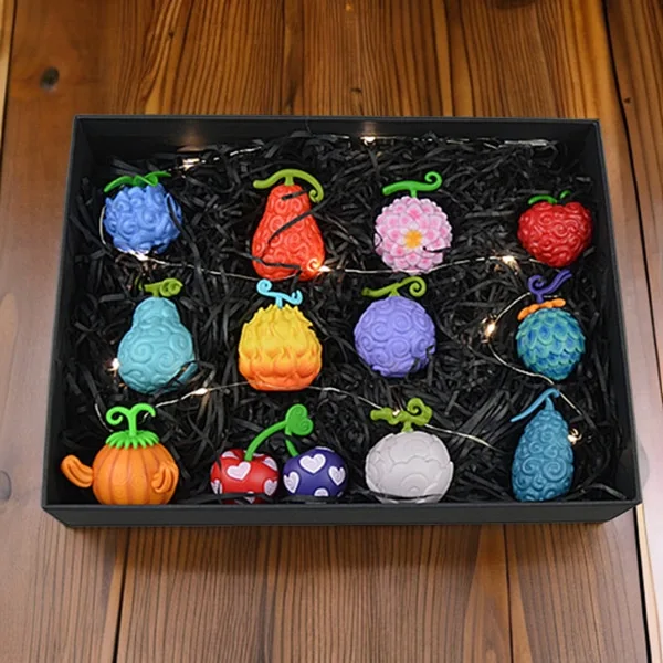 12pcs/set One Piece Luffy Devil Fruit Mini Figures Dark-Dark Fruit Op-Op Flame-Flame Gum-Gum Fruit Collection Pvc Model Toys