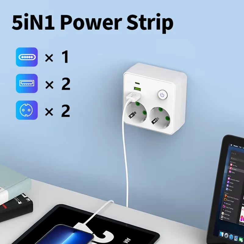 Wall Socket Power Strip Extender with 2 AC Outlets 2 USB Ports 1 Type-C EU Plug Charger Electrical Switch For Home Power Socket