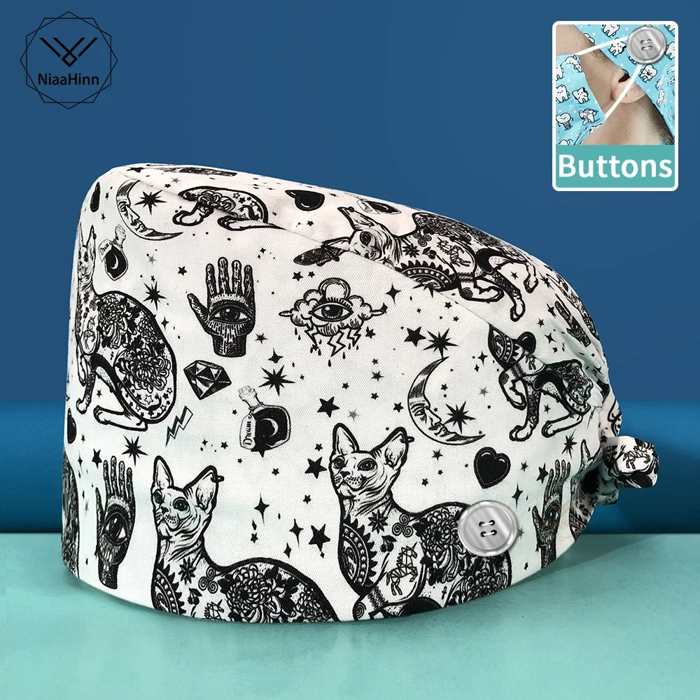 Casquette de gommage pour salle d'opération médicale, réglable, absorbant la sueur, anti-poussière, chapeau d'infirmière, vente en gros, imprimé Animal, chapeaux d'allaitement pour esthéticienne