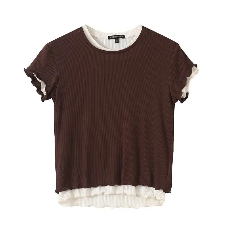 Primavera Estate Nuova T-shirt da donna Giuntura per orecchie in legno rotonda Ne ort Sve Pendolarismo Sle Stagione estiva Lunghezza regolare