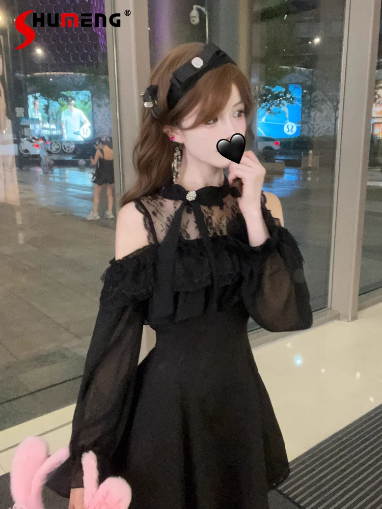 

Original Japanese Style Mine Black Off-Shoulder Mini Dress Summer New Girl's Women's High Waist Slim Elegant Lace Sexy Dresses