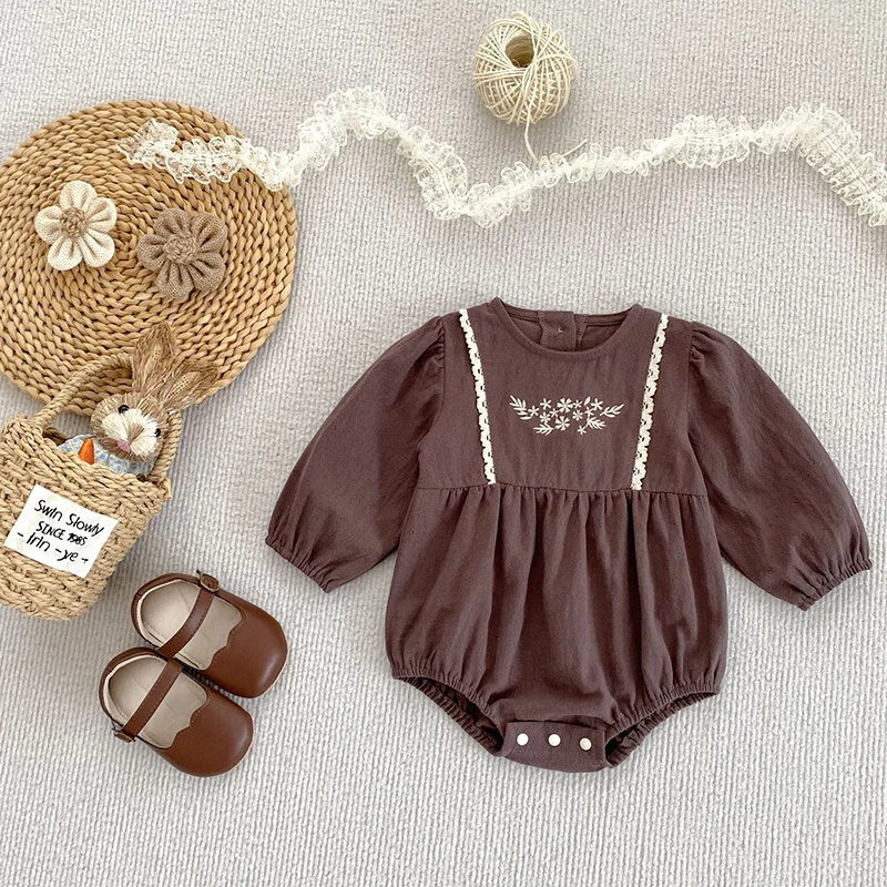 Herbst Prinzessin Baby Mädchen Strampler Frühling Neugeborenen Baby Mädchen Kleidung Baumwolle Stickerei Floral Infant Outfits Baumwolle Baby Kleidung