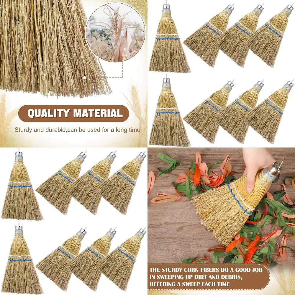 

12 Mini Corn Straw Whisk Broom, Handheld Metal Hanger, Multi-Surface Sweeper for Outdoor, Car, Porch, Dust & Debris Removal