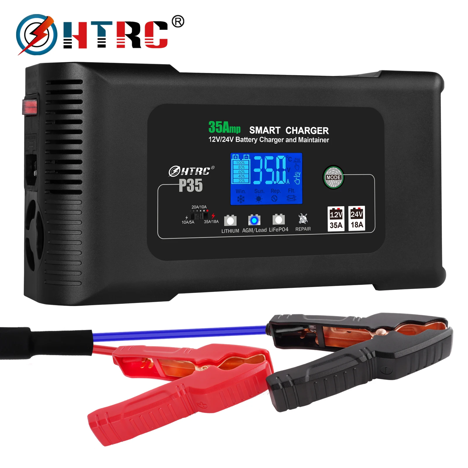 Мощное зарядное устройство HTRC 35A 12V 24V для автомобильных, мотоциклетных, грузовых и мотоаккумуляторов (AGM, свинцово-кислотные, PB, гелевые), с ЖК-дисплеем и функцией интеллектуальной зарядки.