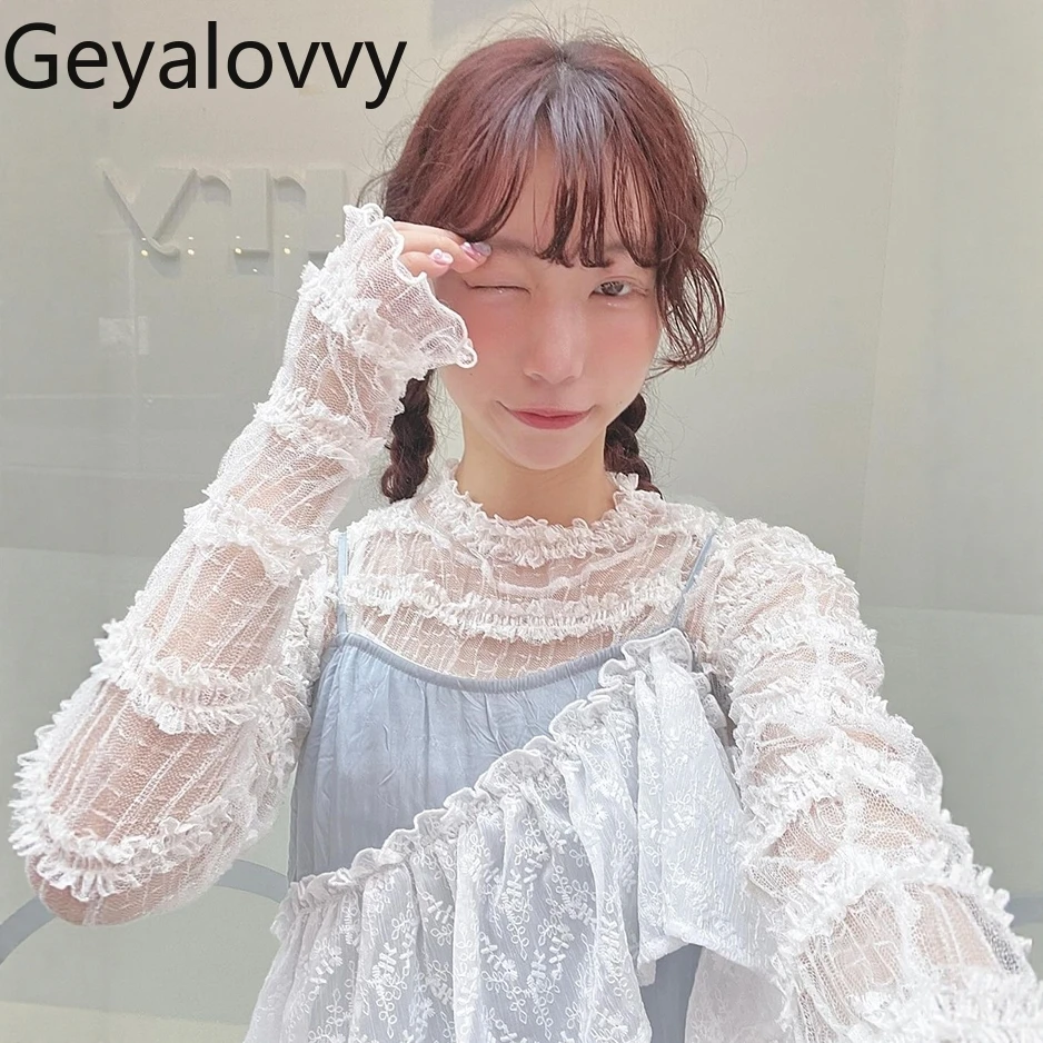 เสื้อยืดแขนยาวสไตล์ญี่ปุ่น ผ้าชีฟองยืดหยุ่นสูง แต่งระบายหวานๆ สำหรับผู้หญิง ใช้เป็นเสื้อตัวในได้หลากหลาย