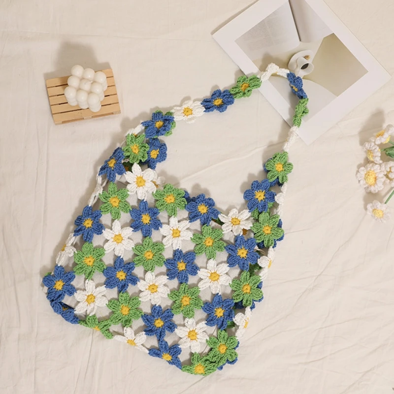 

Fashion Flower Cotton Thread Hand Woven Bag Light Weight Hollowed-out Design Women's Large Capacity Seaside Vacation Beach Bag