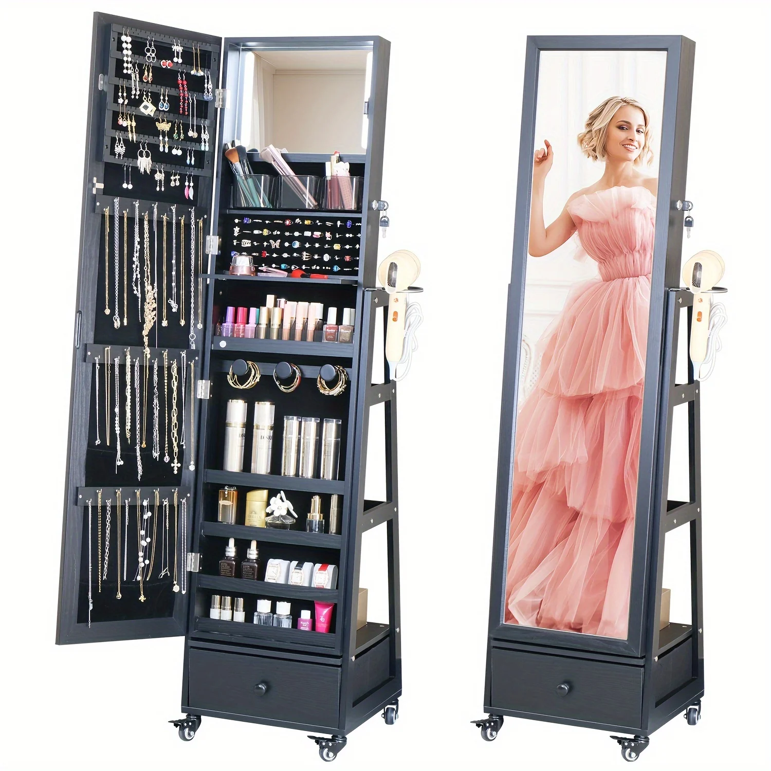 

Mirror with Storage Jewelry Cabinet Standing Lockable Jewelry Organizer with Full-Length Mirror Storage Shelves Interior LED Mir
