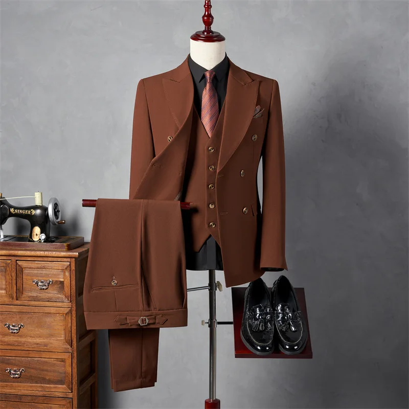 F20613 Men's suits wedding dress slim solid color double-breasted three-piece suits men's suits four seasons formal wear trend