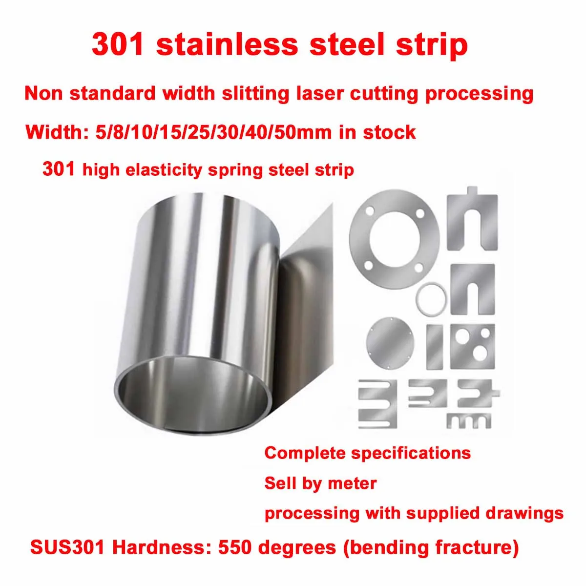 301 Stainless Steel Strip Foil Sheet High Elasticity 0.1‑1mm Thick 1M Length Width 5‑50mm Thin Metal Plate
