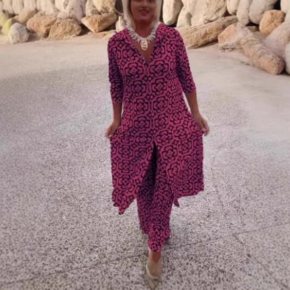 Primavera Estate Nuovo set da 2 pezzi per donna Modello casual stampato Abito bohémien Lady risvolto Camicia a mezza manica Abito con pantaloni lunghi