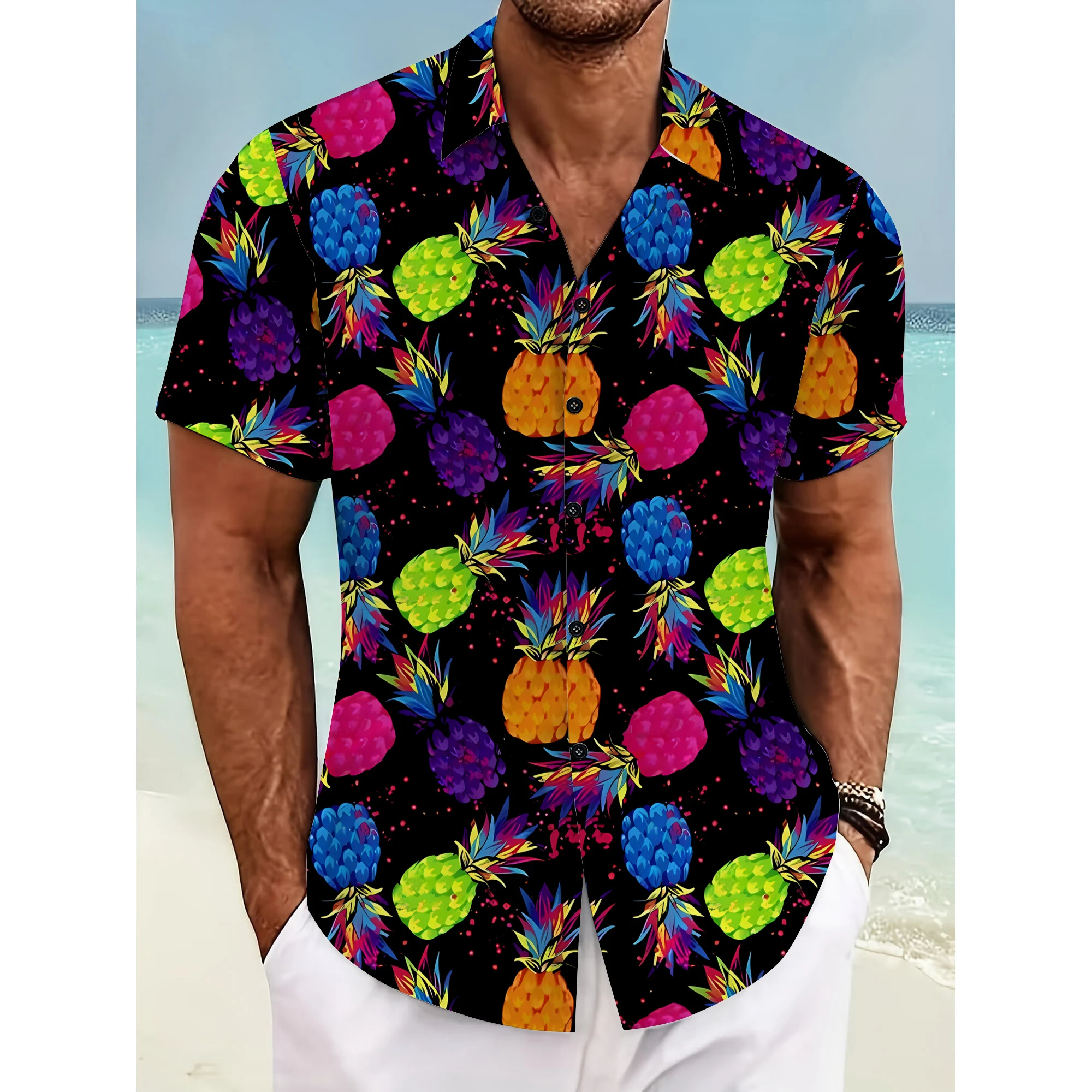 Colorful Pineapple Pattern Men\'s Short Sleeve Button Down Lapel Shirt For Summer Resort Holiday, Hawaiian Style