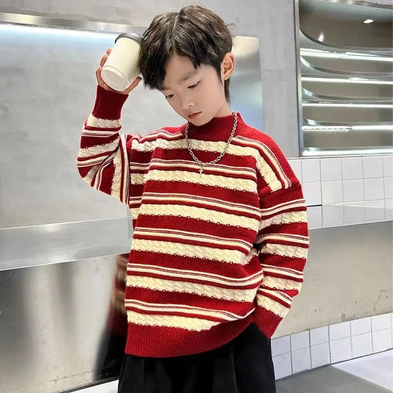 

Новинка 2023 года, осенне-зимний вязаный топ для мальчиков для больших детей — стильная термослойная футболка