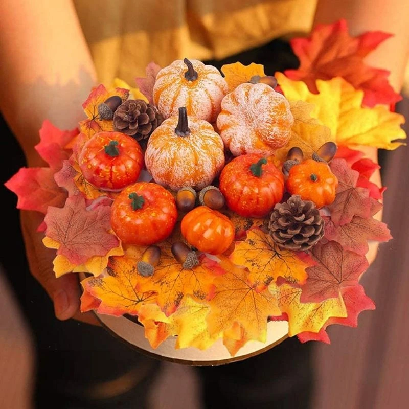 

R1WE Artificial Pumpkins and Pine Ball Assorted Pumpkins Artificial Maple for Decorating Fall Craft