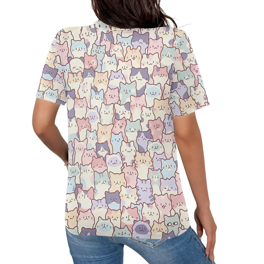 Grote maten kleurrijk en schattig dames T-shirt met cartoonkat bedrukt - casual en kawaii-stijl zomer ronde hals korte mouw