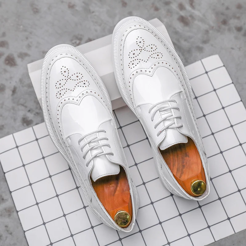 Men Derby Shoes White Dress Men Business Patent Leather Men Shoes Party Flat Shoes Classic Formal Fashion Leather Shoes Leisure