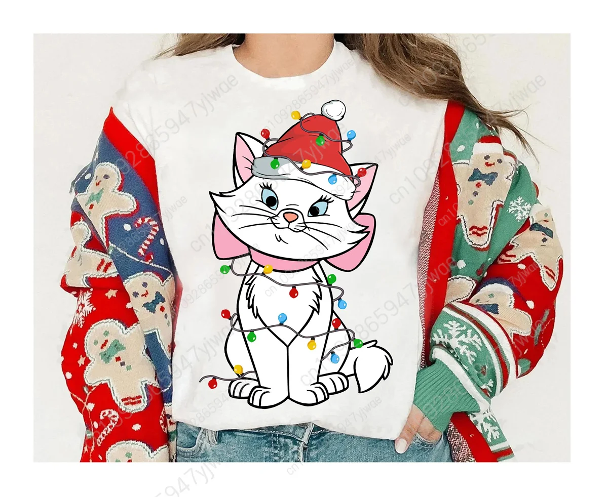 Cute Marie Cat Coquette Bow Christmas Lights Shirt the Aristocats T-shirt Very Merry Christmas Party Tee Summer Women's T-shirt
