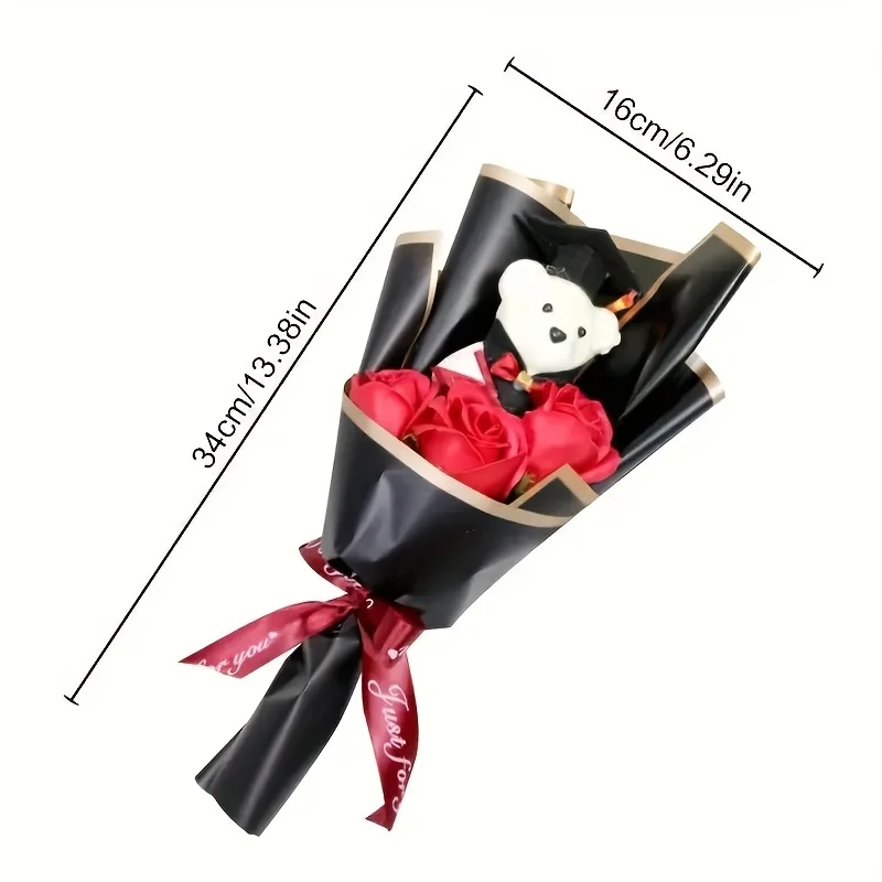 1 هدية إبداعية للتخرج دكتوراه الدب ثلاثة وردات باقة عباد الشمس، مناسبة لعيد الحب، عيد الأم، عيد المعلم