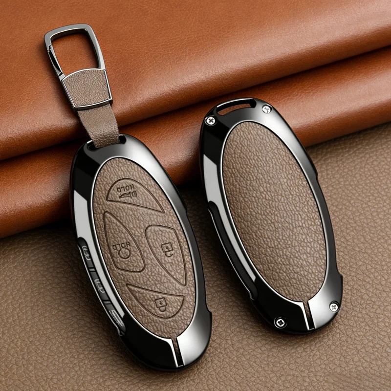 Goatskin Leather Zinc Alloy 5 7 Button for Hyundai Kona Ev Grandeur GN7 IONIQ 6 2023 2024 Car Key Case Cover Fob Holder Keychain