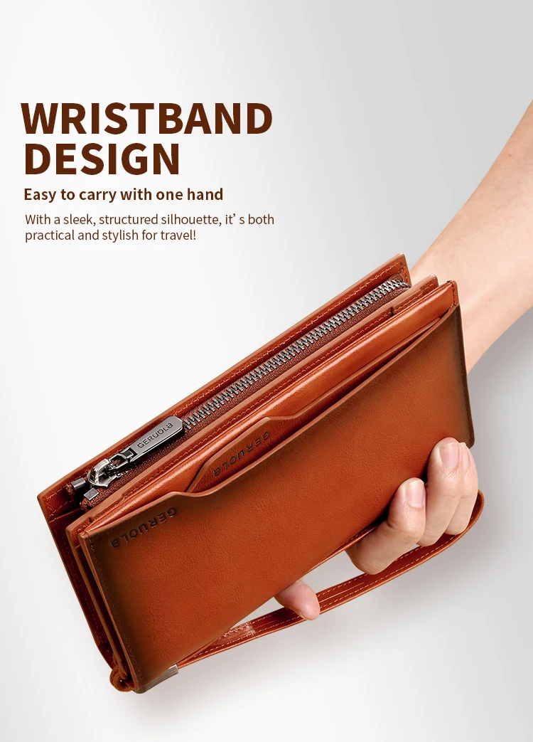 Neue Herren-Geldbörse aus echtem Leder, lange Handtasche aus Rindsleder, für Reisen, leicht, minimalistisch, große Kapazität, Diebstahlschutz, Farbverlauf, Gelb, Br – Detail 7