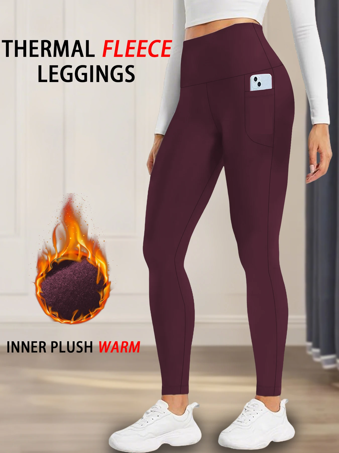 Women's Thick Thermal Leggings with Pockets - High Waisted Fleece Lined Tummy Control Winter Warm Tights Workout Running Pants