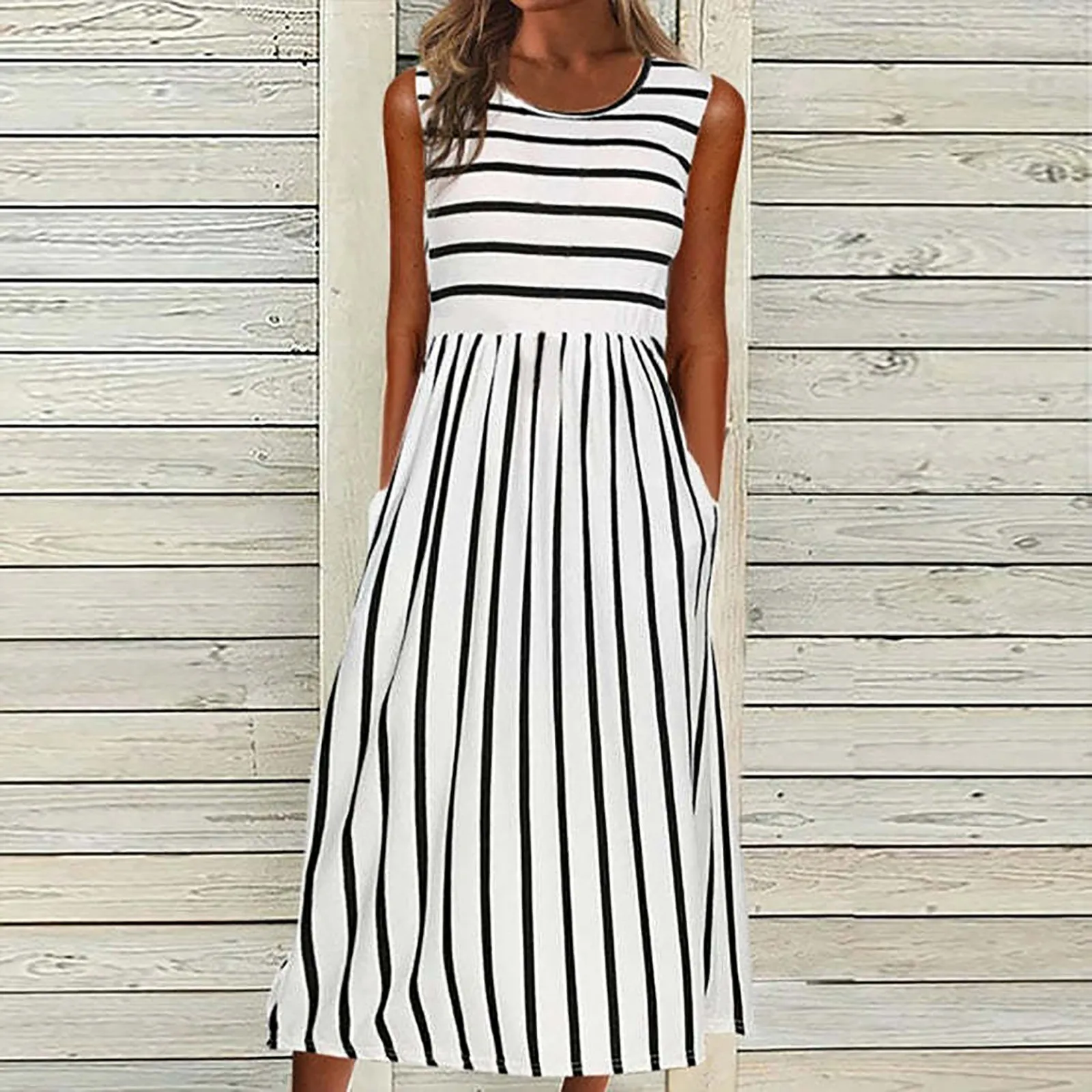 

Elegant Sleeveless Striped Dress Women Fashion Casual Long Skirt With Pockets Swing Midi Summer Dresses For Women Ladies Robe