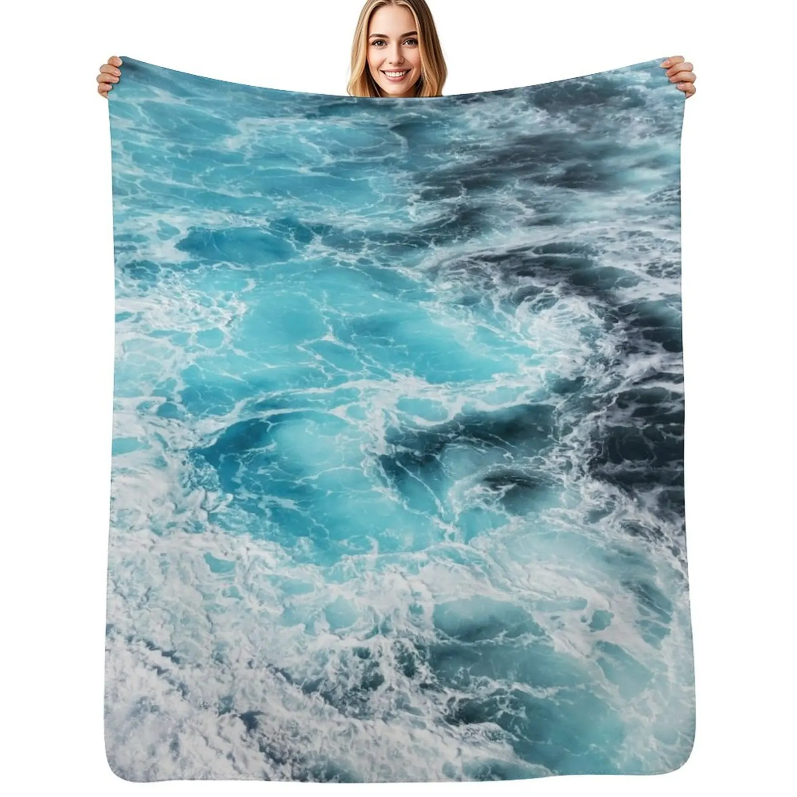 Couverture en polaire ultra douce avec motif de vagues bleues fascinantes, pour toutes les saisons