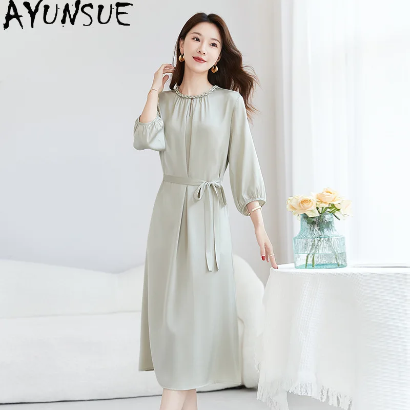 AYUNSUE 91.8% Mulberry Silk Party Dress Women 19MM Silk Elegant Womens Dresses Fashion Summer Clothes Sashes 2026 Платье Женское
