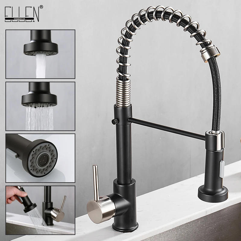 Deck Mounted Flexible Kitchen Faucets Pull Out Mixer Tap Black Hot Cold Kitchen Faucet Spring Style with Spray Mixers Taps E9009