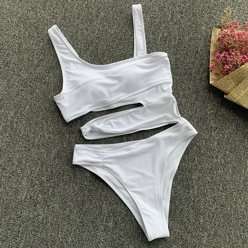Sexy Bikini Set One Shoulder Bikini One-Piece Swimsuit   Off Shoulder White Patchwork Swimwear Bodysuit Bathing Suit Tankini
