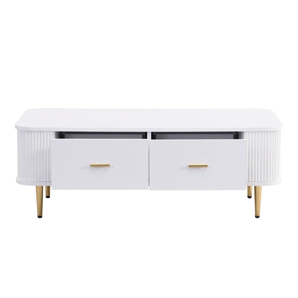 Gebogener Eck-Wohnzimmertisch, goldene Hardware, gewellte Seiten, Doppelfunktions-Couchtisch und Beistelltisch mit Schubladen – Detail 20