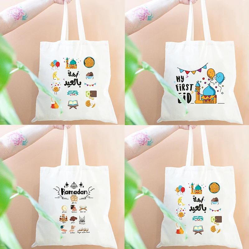 Eid Mubarak Canvas Tote Bag Ramadan Kareem Gift Shopping Bag Eid Al Fitr Women Eco Bags Islamic Gift Purse Muslim Prayer Bag