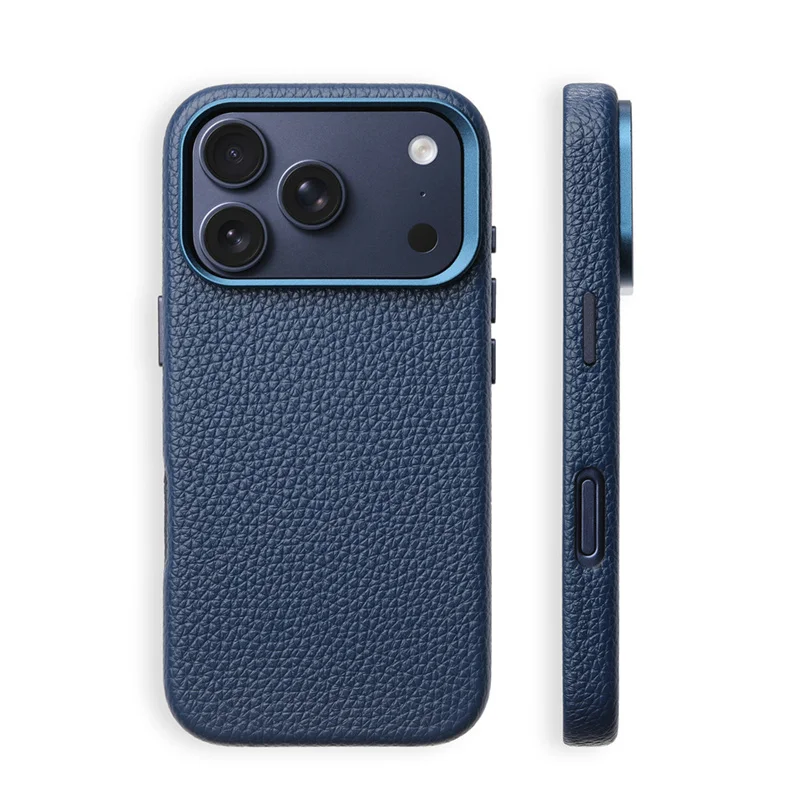 

Electroplated Metal Lens Circle Lychee Texture PU Leather for Magsafe Case for iPhone 17 17Pro 16Pro 17Pro Max Matte Phone Cover