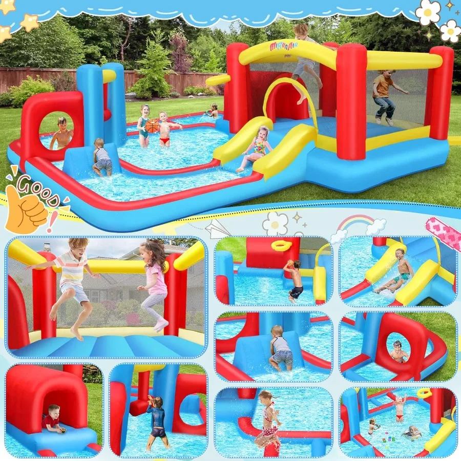 Opblaasbaar springhuis voor kinderen, 10-in-1 waterglijbaan achtertuin met ventilator, waterpark met waterkanonnen, basketbalring, tunne