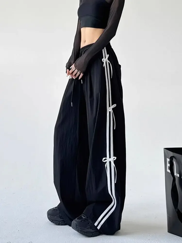

American Retro Side Stripe Knot Dstring Trousers Wide Leg Workwear Casual Sports Pants High Waist Korean Striped Splicing Pants
