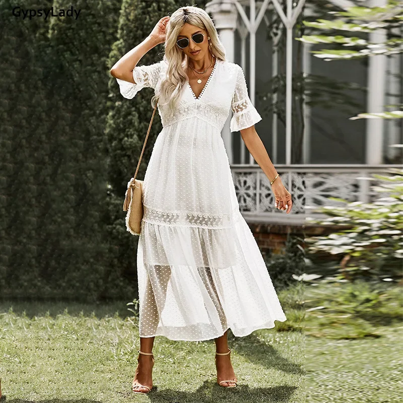 GypsyLady White Lace Fairy Maxi Women Dress Dobby Chiffon Vintage Summer Holiday Dresses Flare Sleeve Chic Ruffle Lady 2XL Dress