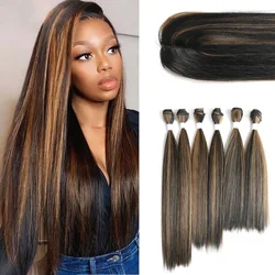 IPARTY 6 Bundles Hair Weaving with Free Closure Synthetic Hair Extension Weave Ombre Brown Color Highlight Heat Resistant Fiber