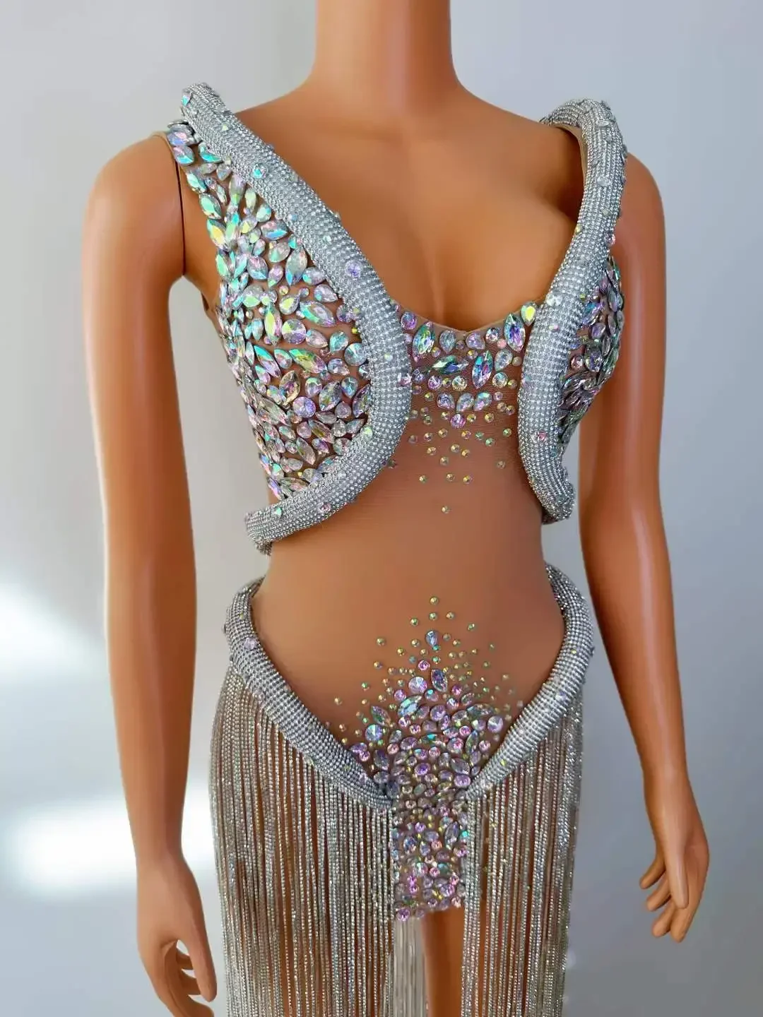 여성용 럭셔리 실버 드릴 체인 쉬어 메쉬 원피스 라인석 프린지 드래그 퀸 코스튬, 생일 가수 무대 착용 나이트 클럽