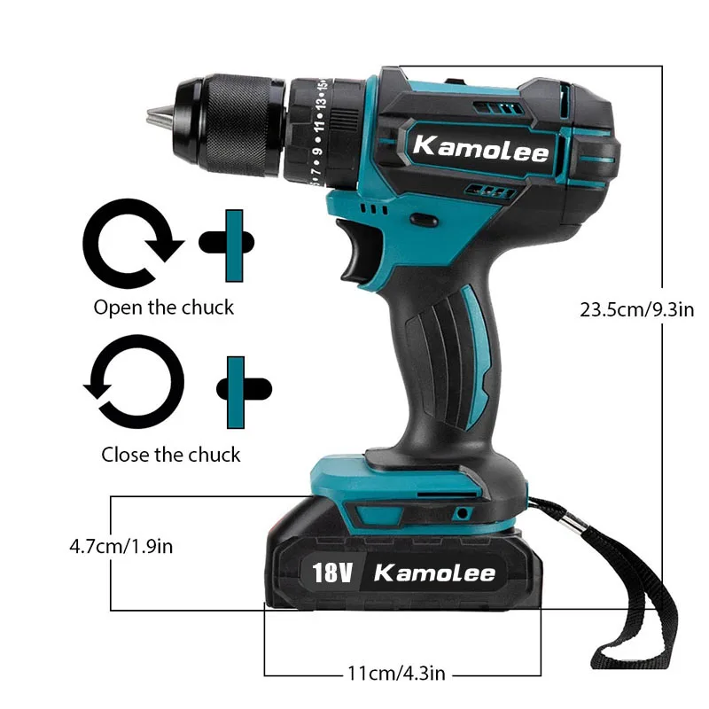 Kamolee 브러시드 무선 전기 임팩트 드릴, 가정용 DIY 전동 공구, Makita 18V 배터리, 13mm