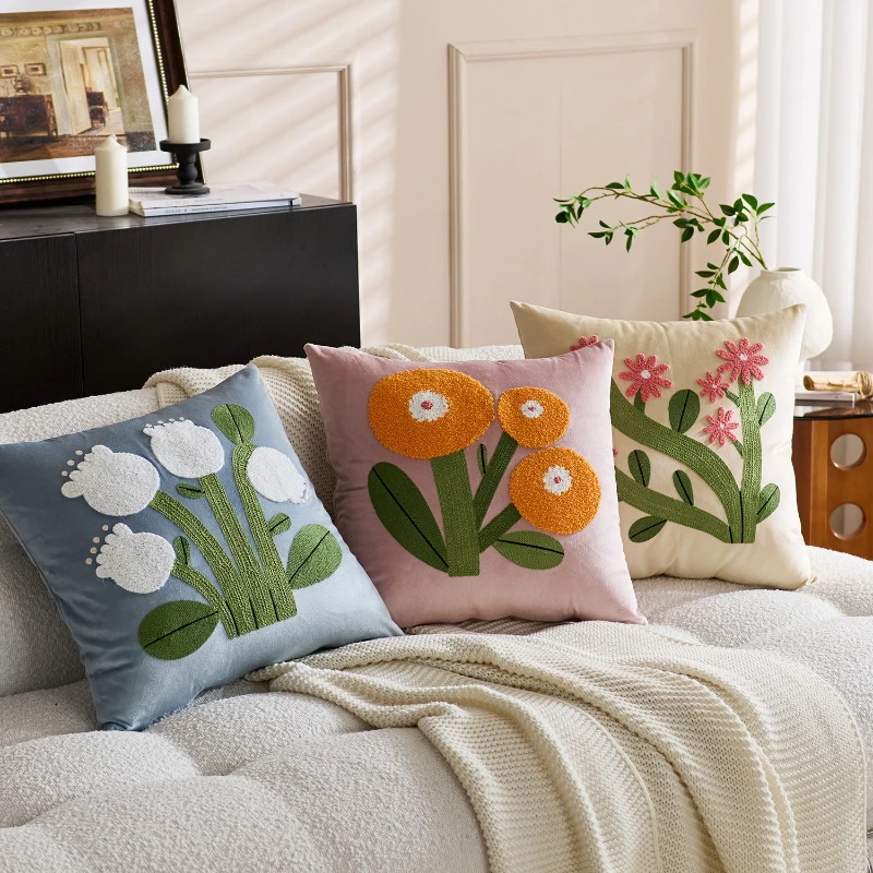 

Solid color velvet floral embroidery cushion cover Nordic Modern Sofa Pillow Covers Decorative Simple Home Sofa Pillow Case