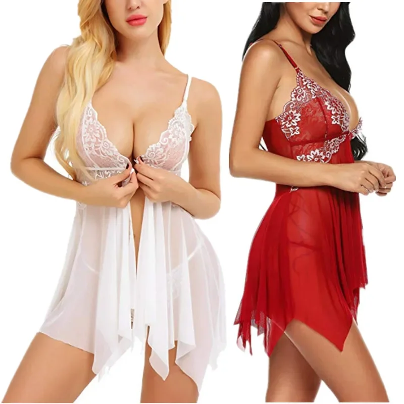 Vestido de noche Sexy para mujer, lencería erótica con cierre frontal, ropa interior de encaje transparente, ropa de dormir Floral, camisón sexual para mujer 2023